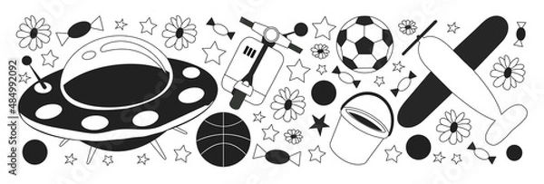 Fototapeta Kindergarten pattern with little children and toys. Creativity and imagination.