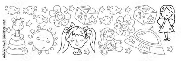 Fototapeta School and kindergarten vector pattern with little children. Girl and boys play and study