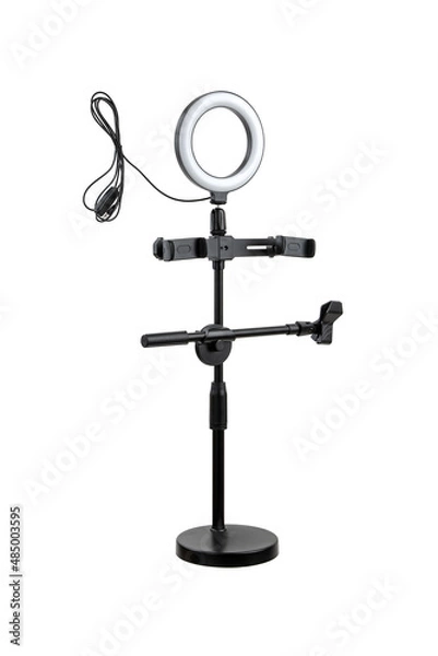 Fototapeta Closeup of circular neon LED lamp isolated white background. Popular modern light for make-up and beauty portraits.