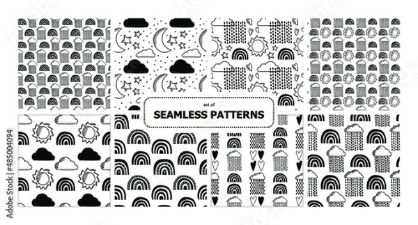 Obraz Set of vector background. Cloud, rainbow, heart, rain, sun, moon, water, drops. Pack of childhood seamless patterns. For printing on paper and fabric.
