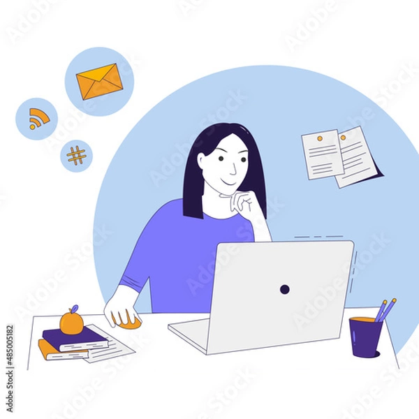 Fototapeta Woman looks at a laptop at home. Vector illustration 