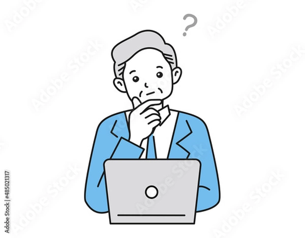 Fototapeta ノートパソコンの前で考え事をする年配男性のイラスト　ビジネスシーン