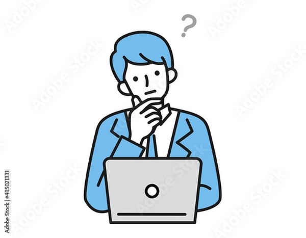 Fototapeta ノートパソコンの前で考え事をする男性のイラスト　ビジネスシーン