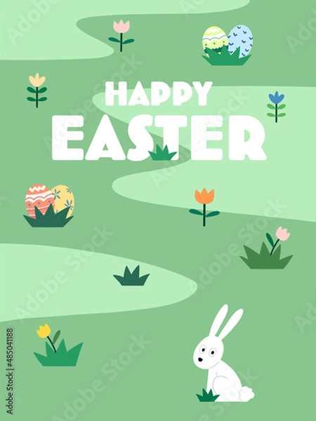 Fototapeta Happy Easter, Easter Egg hunt invitation. Rabbit in the garden looking for Easter eggs, cute cartoon vector illustration.