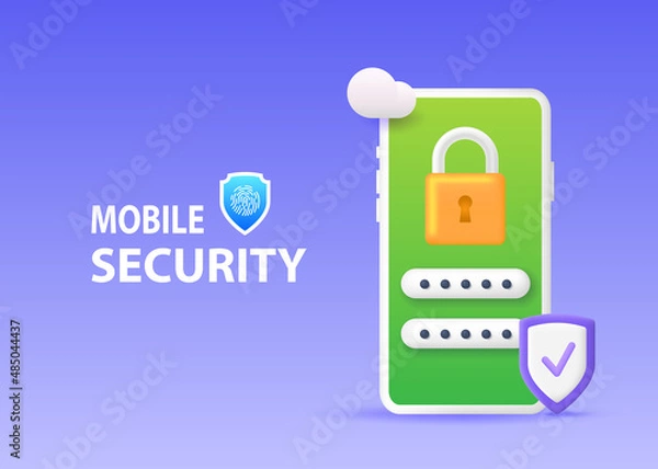 Fototapeta Mobile phone protection system. Smartphone security concept. Banner with phone, padlock, passcode and shield.