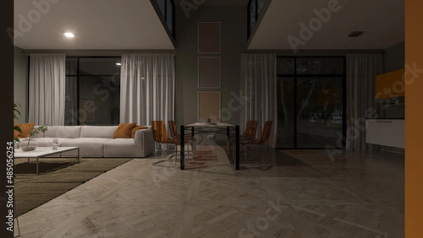 Obraz Partially Illuminated Open Plan Kitchen and Living Room After Sunset 3D Rendering