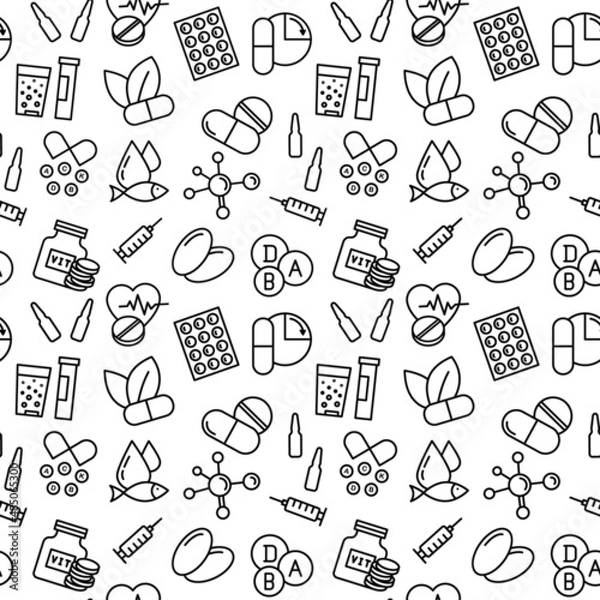Fototapeta Seamless vector pattern with Healthy food supplement - Vitamin, Mineral supplement, Pill. For fabric, paper, wrap, textile, poster, scrapbooking, wallpaper or background, for web site or mobile app