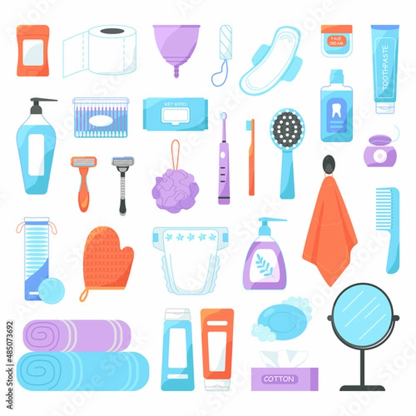 Fototapeta Beauty care, spa and hygiene products set isolated on white background.Cartoon Vector Illustration.
