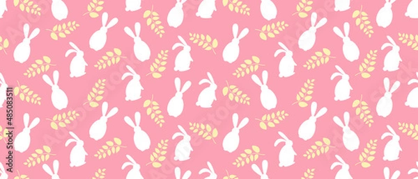 Fototapeta Delicate pink seamless pattern with white rabbits and yellow leaves. Easter horizontal rectangular pattern in a flat minimalistic style.