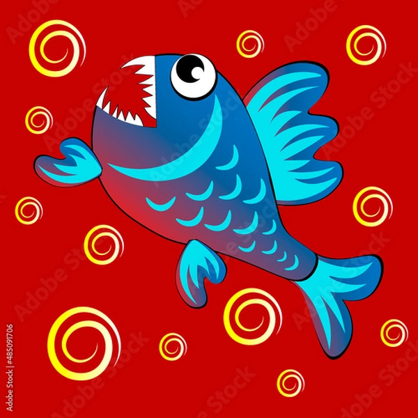 Obraz predatory evil piranha fish. Fabulous underwater world. Styling, cartoon style