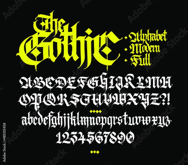 Fototapeta Modern Gothic, full English alphabet. Vector. Medieval uppercase and lowercase Latin letters. Signs and symbols for design. Ancient European style. Calligraphy and lettering. Numbers.
