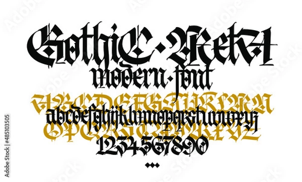 Obraz Gothic. Vector. Uppercase and lowercase letters with numbers. Stylish calligraphy. Elegant european font for design. Medieval modern style. Elegant pattern for fabric and packaging.