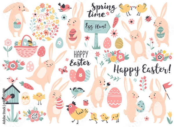 Fototapeta Easter and spring set with cute bunnies, chickens, and easter eggs.