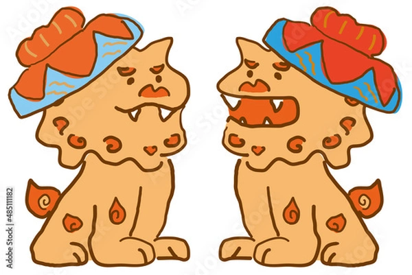 Obraz 手描きの沖縄の花笠を被ったシーサー　イラスト素材