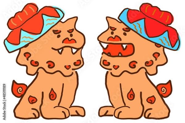 Obraz 手描きの沖縄の花笠を被ったシーサー　イラスト素材