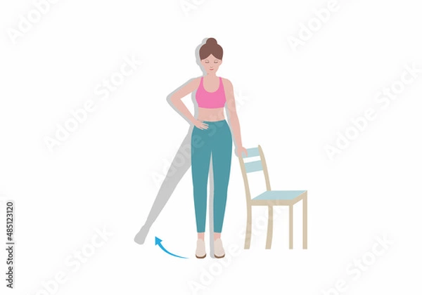 Obraz Exercises that can be done at-home using a sturdy chair. Woman Stands adjacent to a chair and lifts one leg and keep the other and hold it in that position for 5-10 seconds with Side Leg Raise. 