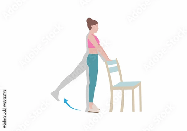 Obraz Exercises that can be done at home using a sturdy chair.
with Back Kicks posture. Illustration in cartoon style.