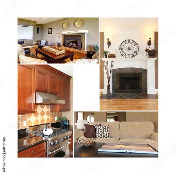 Fototapeta Collage of beautiful interior. Kitchen, fireplace