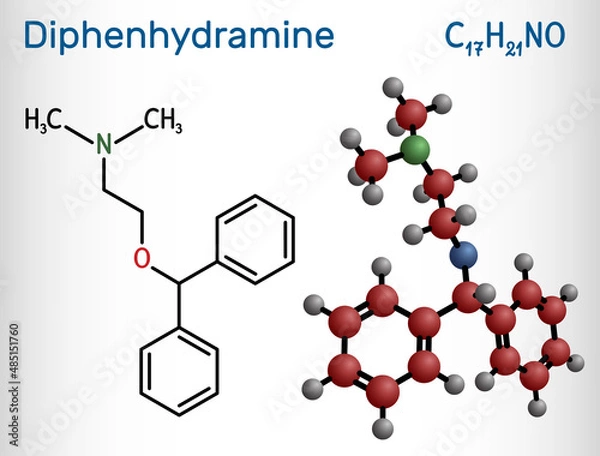 Fototapeta Diphenhydramine, molecule. It is H1 receptor antihistamine used in the treatment of seasonal allergies. Structural chemical formula and molecule model