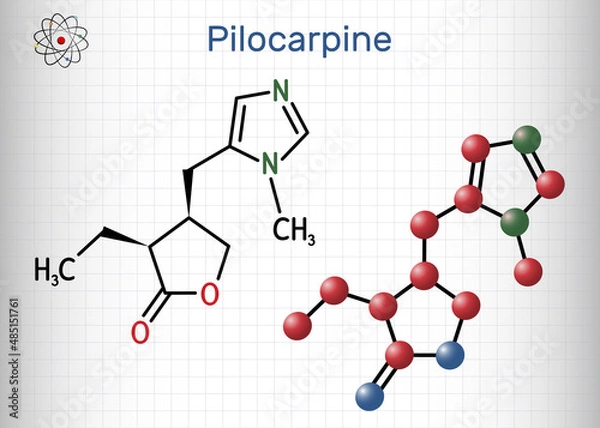 Fototapeta Pilocarpine molecule. It is natural alkaloid, used on the eye to treat elevated intraocular pressure, glaucoma. Structural chemical formula, molecule model. Sheet of paper in a cage