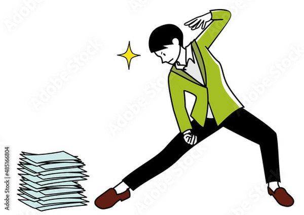 Obraz 積み重なった書類を前に、キメポーズでやる気を表現しているビジネスパーソン