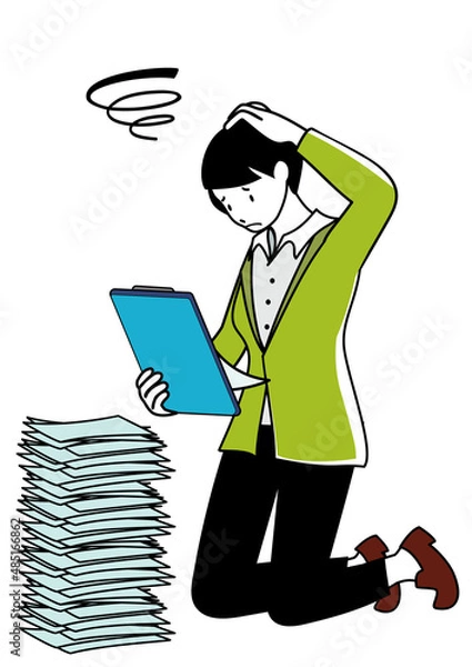Obraz 積み重なった書類と、バインダー片手に困った顔をするビジネスパーソン（非効率や多忙のイメージに）
