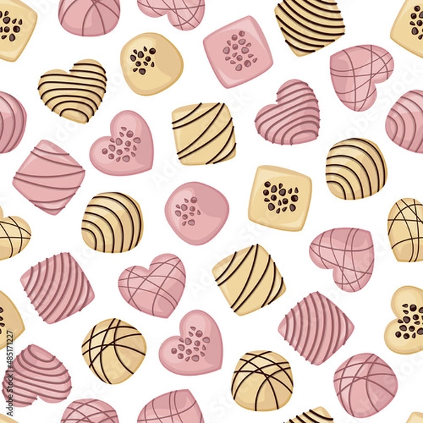 Fototapeta White and pink chocolate candies of different shapes on white background. Vector seamless pattern.
