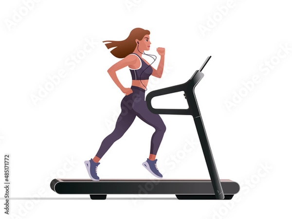 Fototapeta Girl with long hair is running on a treadmill in a fitness center. Isolated Vector illustration for landing page mockup flat design or advertising banner.
