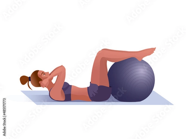Fototapeta Girl workouts with Exercise Ball in a fitness gym. Isolated Vector illustration for landing page mockup flat design or advertising banner.
