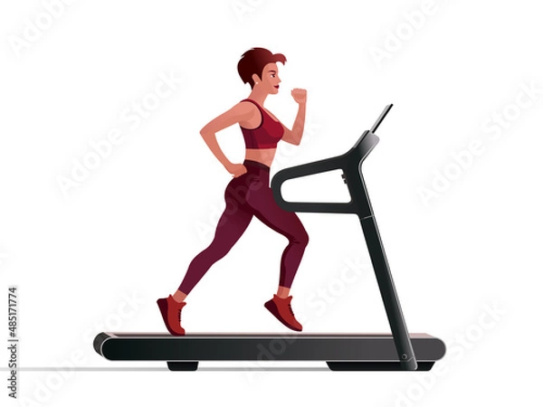 Fototapeta Short haired girl running on a treadmill in a fitness center. Isolated Vector illustration for landing page mockup flat design or advertising banner.