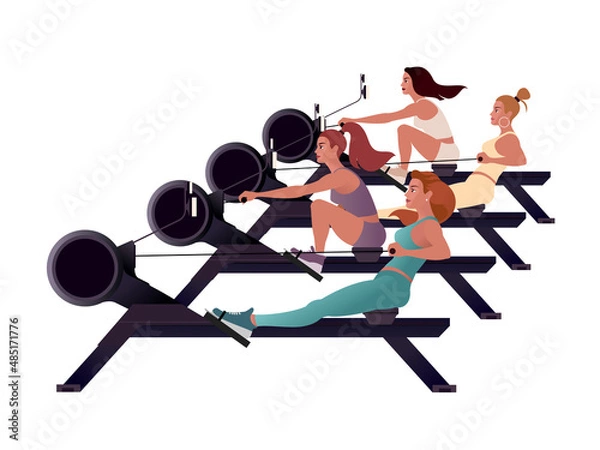 Fototapeta Girls train on a rowing machines. Isolated Vector illustration for landing page mockup flat design or advertising banner.