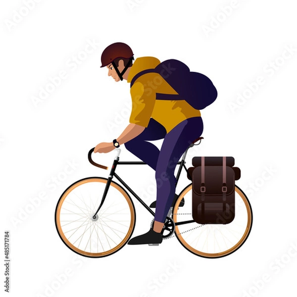 Fototapeta Cyclist in a safety helmet with a backpack rides a bicycle. Isolated vector illustrations for advertising banner layout or flat design.
