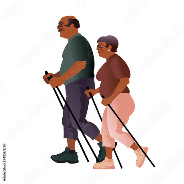 Fototapeta An elderly couple has a Nordic Walking. Isolated Vector illustration for mockup or flat design advertising banner. 