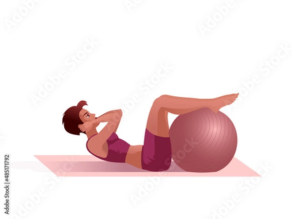 Fototapeta Short haired girl workouts with Exercise Ball in a fitness gym. Isolated Vector illustration for landing page mockup flat design or advertising banner.