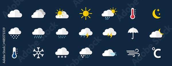 Obraz Weather icon set. Weather icons for web. Forecast weather flat symbols. Pictogram vector icons.