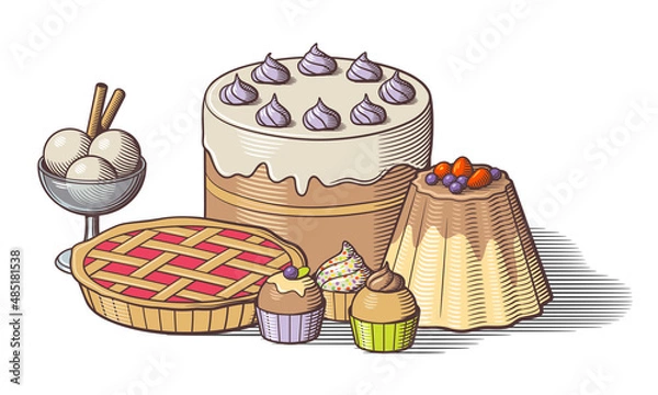 Obraz Composition of sweets. Big cake with cream, sweet pie with cherry, caramel pudding with chocolate and berries, ice-cream and cupcakes. Retro style colored vector illustration