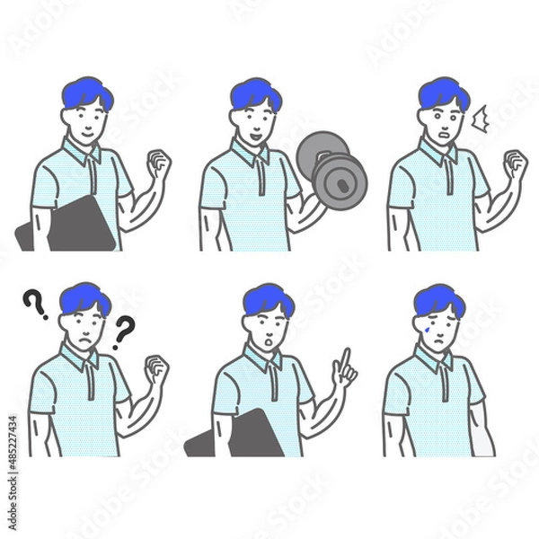 Obraz 若いタンクトップを着たマッチョの男性の表情やポーズのバリエーションのセットの白バックの線画