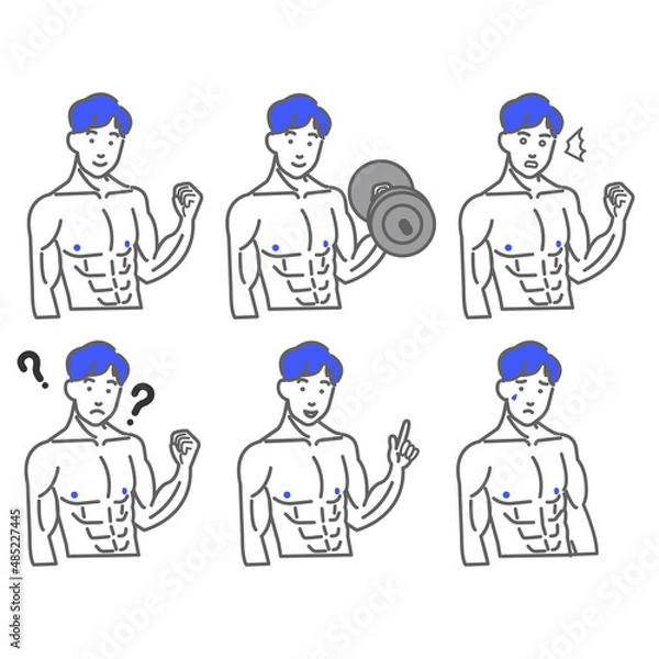 Obraz 若い上半身裸のマッチョの男性の表情やポーズのバリエーションのセットの白バックの線画