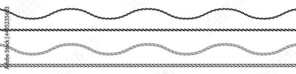 Obraz Straight and wavy rope, black monochrome silhouette and outline. Flat vector illustration isolated on white background.