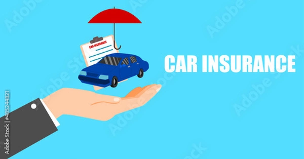 Fototapeta Car insurance. A small blue car rests on the palm of your hand. Vector illustration.