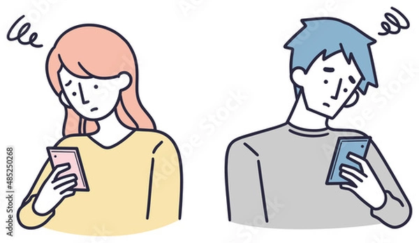 Obraz スマホを見て悩んでいる男女　遠距離恋愛　シンプルイラスト
