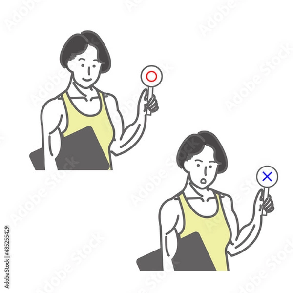 Fototapeta 若いタンクトップを着た筋肉質な女性のイエスとノーの表情のセットの白バックの線画