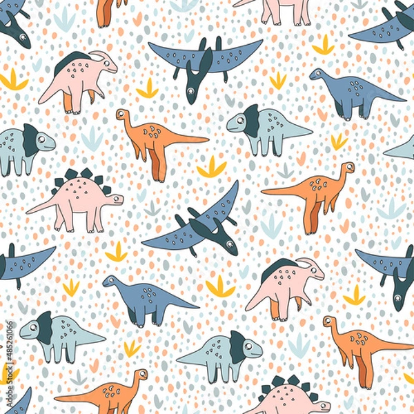 Fototapeta Seamless pattern with cute dinosaurs, on white background
