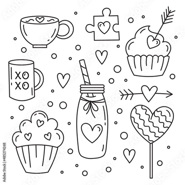 Fototapeta A set of illustrations for Valentine's Day. Hearts, mug, cupcakes, lollipop, puzzle, arrow. Isolated on a white background.