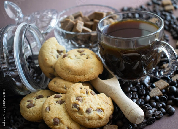 Obraz chocolate chip cookies and black cofee