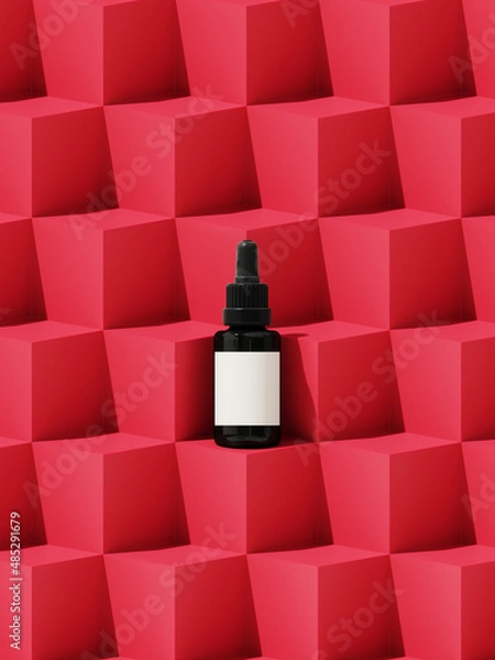 Fototapeta Minimal abstract mockup background for product presentation. Cosmetic bottle on red geometric step podium. 3d render illustration. Clipping path of each element included.