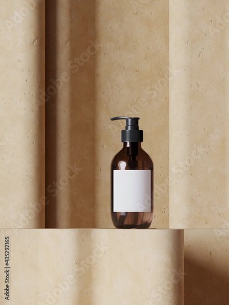 Obraz Minimal abstract mockup background for product presentation. Beige terracotta podium on curve panel background. 3d render illustration. Clipping path of each element included.