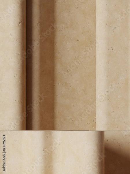 Fototapeta Minimal abstract mockup background for product presentation. Beige terracotta podium on curve panel background. 3d render illustration. Clipping path of each element included.