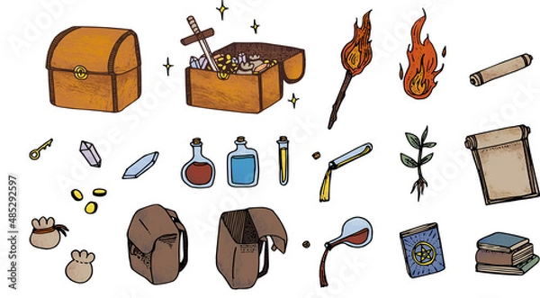 Obraz adventure Treasure item color illustration set, hand drawn. Treasure box, portions, bag, fire, torchlight, magic book. 