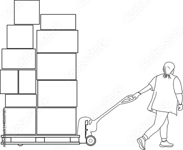 Obraz Woman worker transports boxes on hydraulic trolley vector illustration